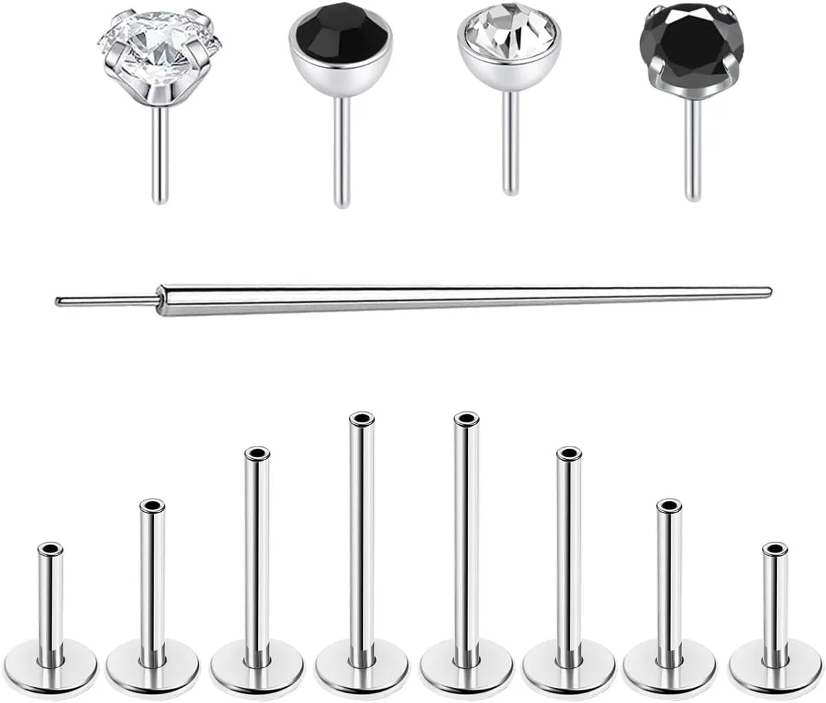 16G/18G Surgical Steel Push in Flat Back Earrings Stud Threadless CZ Nose Studs Rings Tragus Labret Cartilage Lip Medusa Conch Hypoallergenic Body Piercing Jewelry for Women Men