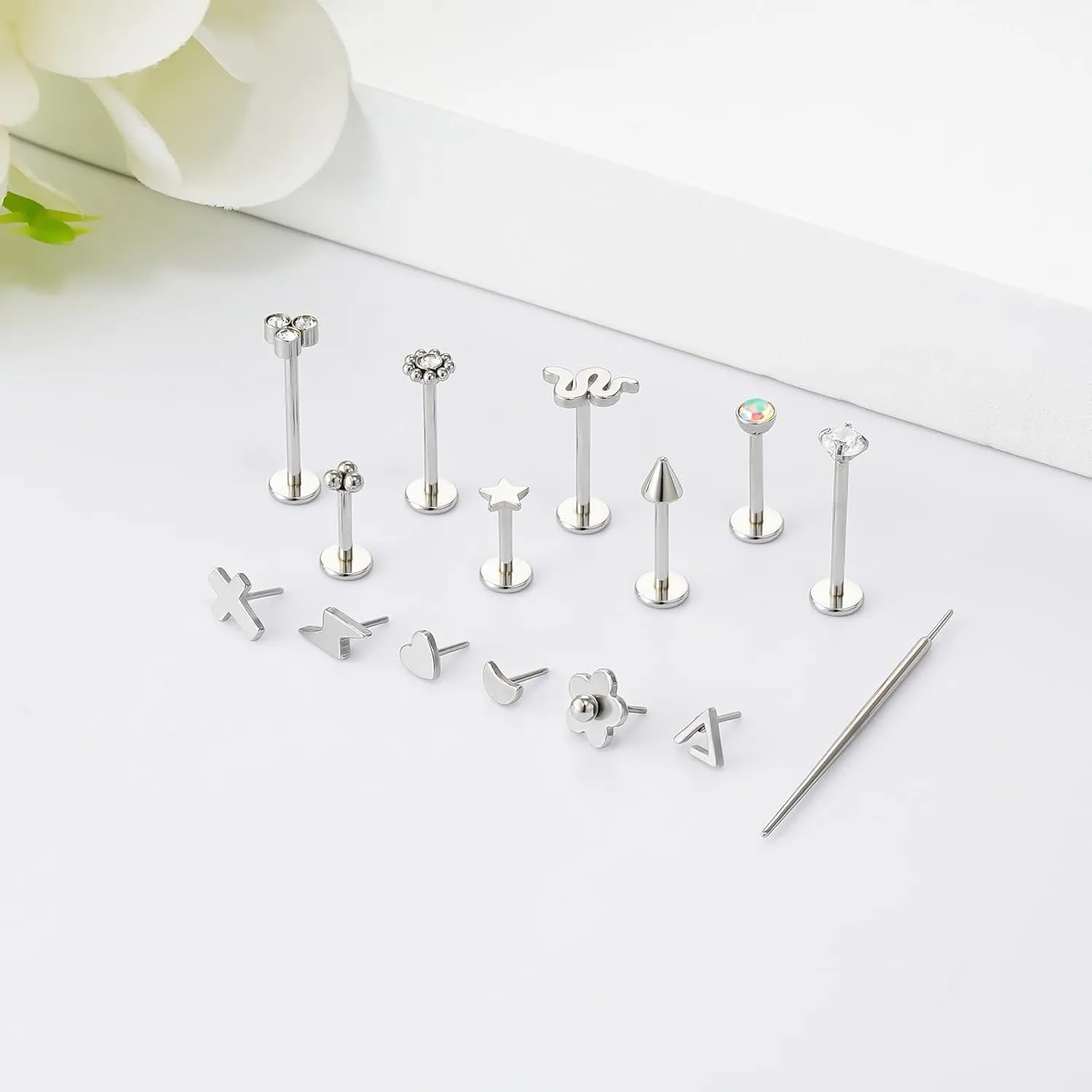 16G/18G Surgical Steel Push in Flat Back Earrings Stud Threadless CZ Nose Studs Rings Tragus Labret Cartilage Lip Medusa Conch Hypoallergenic Body Piercing Jewelry for Women Men
