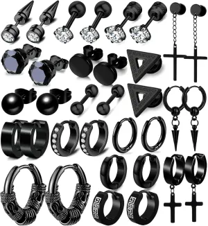 17 Pairs Earrings for Men, Stainless Steel Earrings For Men Sensitive Skin, Fashion Earring Piercing Jewelry Cross Dangle Hoop Earrings Kit Studs Long-lasting Shine