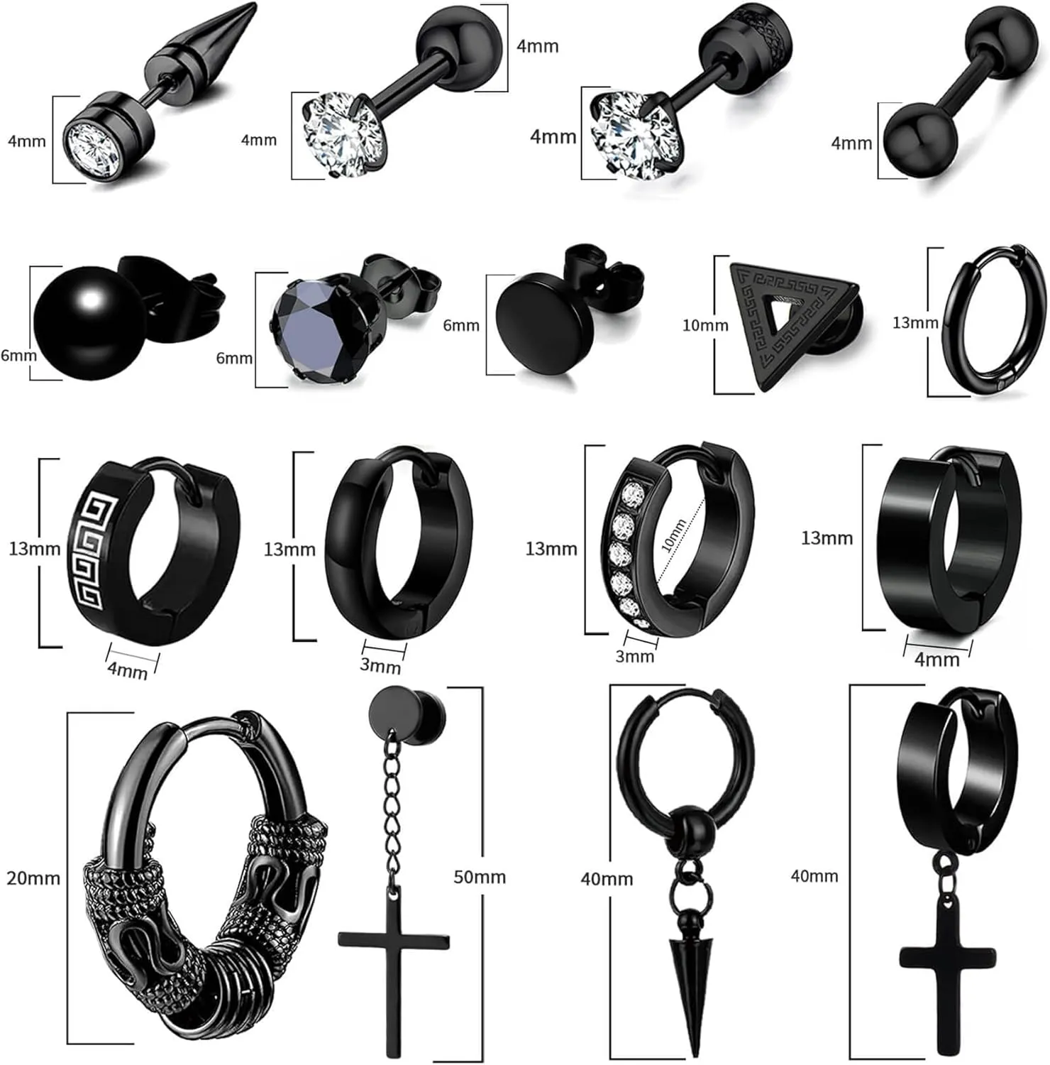17 Pairs Earrings for Men, Stainless Steel Earrings For Men Sensitive Skin, Fashion Earring Piercing Jewelry Cross Dangle Hoop Earrings Kit Studs Long-lasting Shine