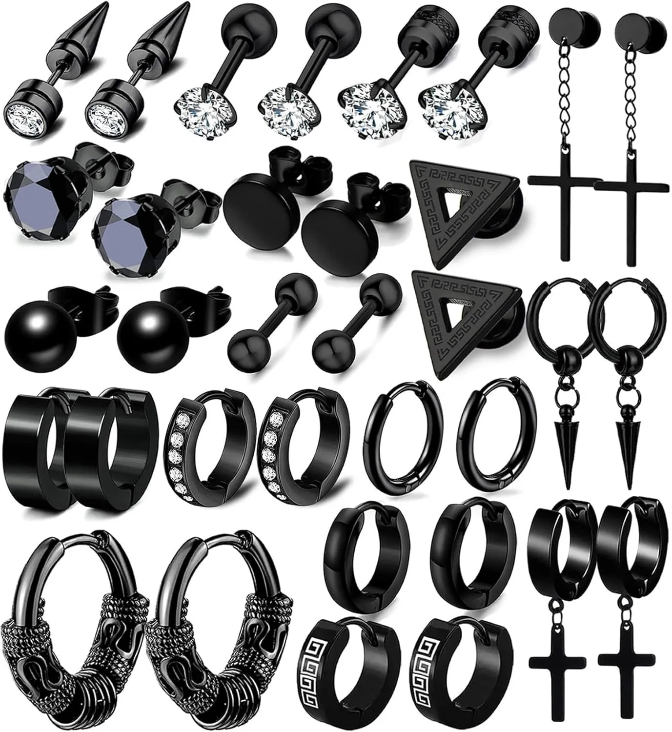 17 Pairs Earrings for Men, Stainless Steel Earrings For Men Sensitive Skin, Fashion Earring Piercing Jewelry Cross Dangle Hoop Earrings Kit Studs Long-lasting Shine