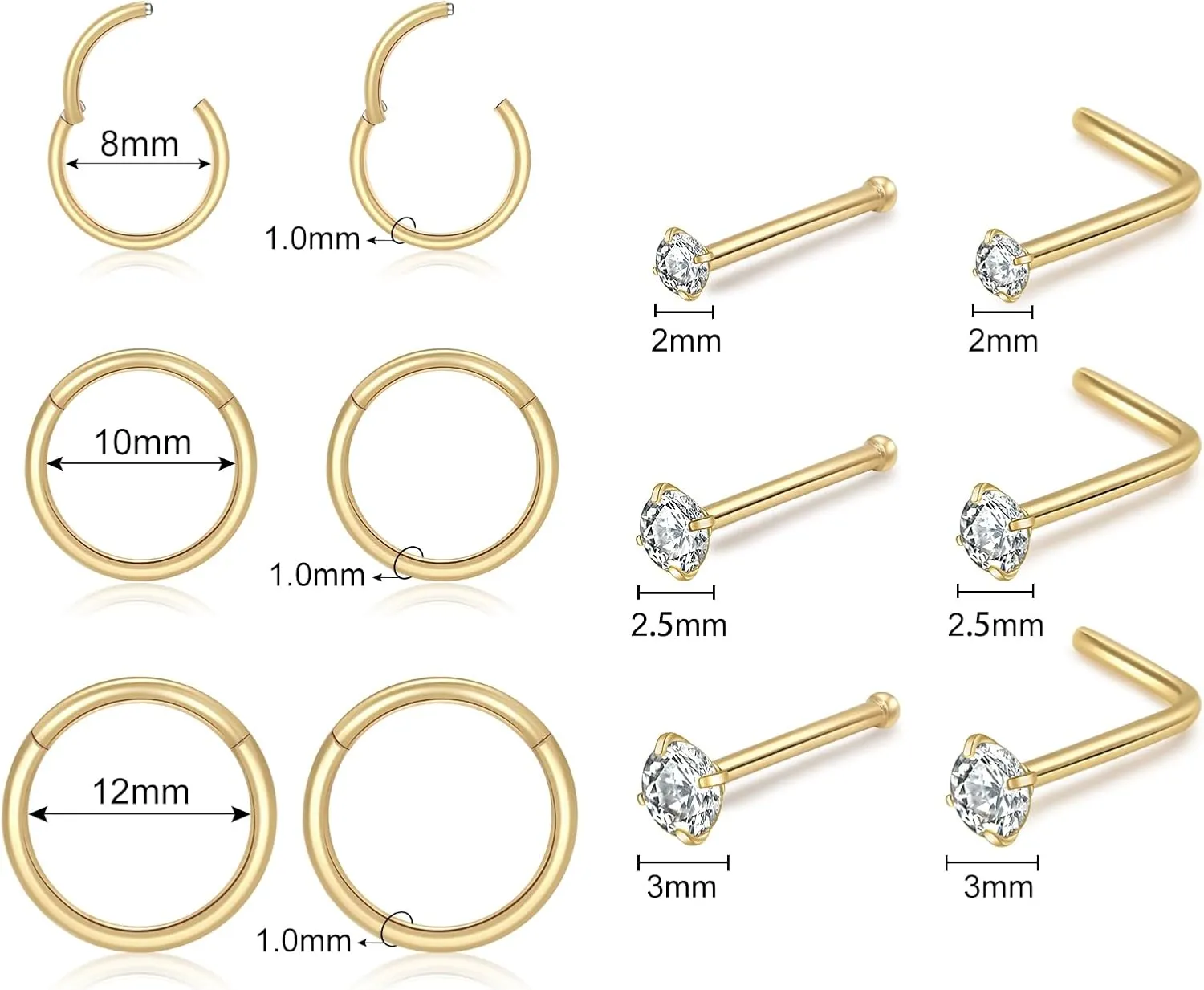 18G Surgical Steel Nose Ring,Hypoallergenic Nose Ring Studs Set L Shape Nose Studs Body Piercing Nose Hoop Ring for Women Men 9pcs