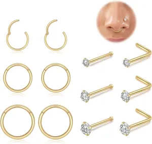 18G Surgical Steel Nose Ring,Hypoallergenic Nose Ring Studs Set L Shape Nose Studs Body Piercing Nose Hoop Ring for Women Men 9pcs