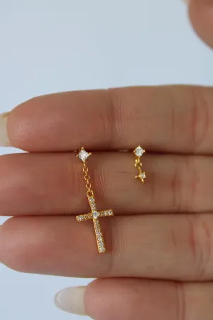 18k Gold Diamond dainty Mis-Matched Cross Earrings - Gold Plated brass Studs for Women Zircon Cubic Zirconia Earrings Asymmetrical Non Tarnish Hypoallergenic Jewelry Gift for Women
