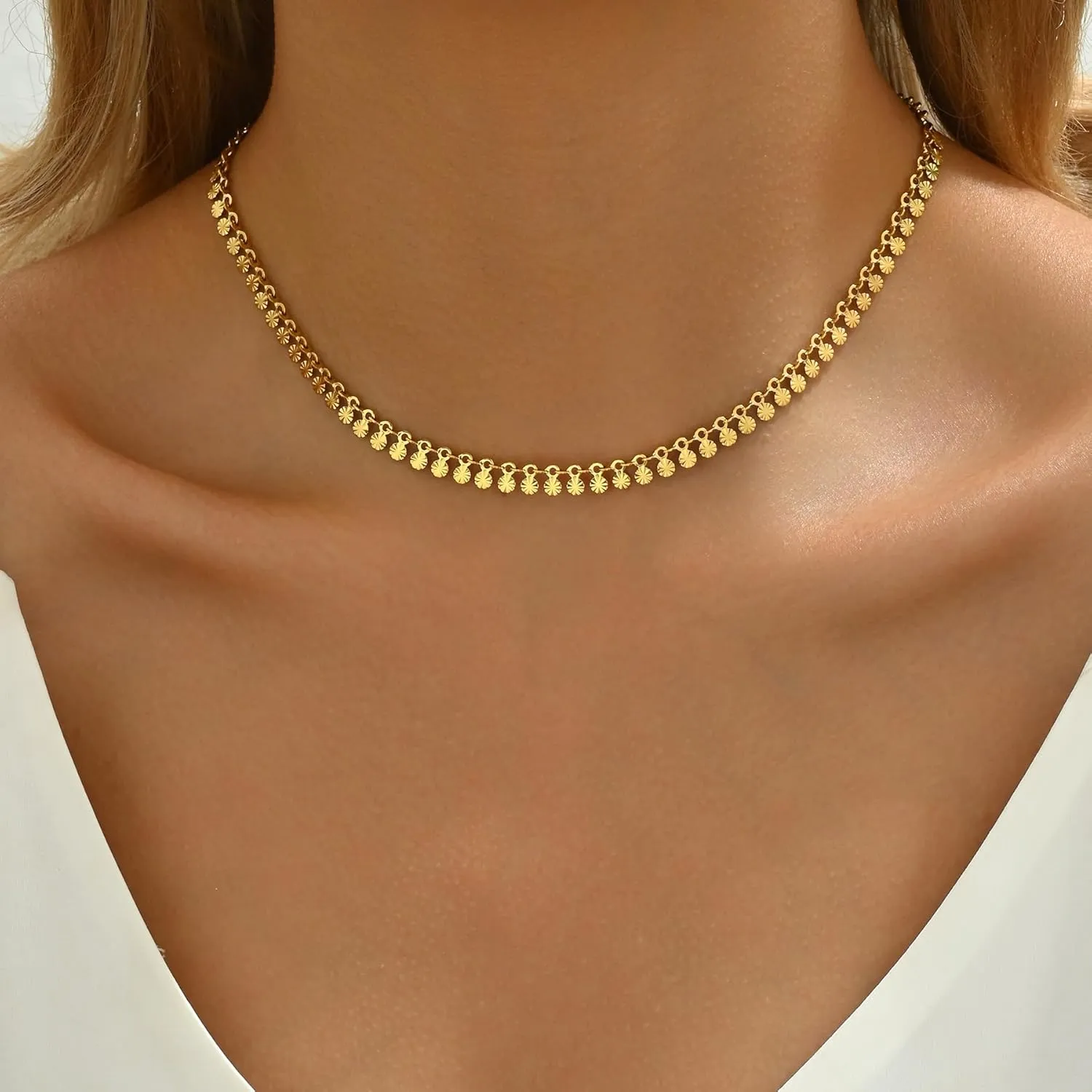 18K Gold Plated Beaded Necklaces for Women Dainty Circle Coin Butterfly Star Drop Cute Tassel Choker Chain Trendy Stainless Steel Jewelry