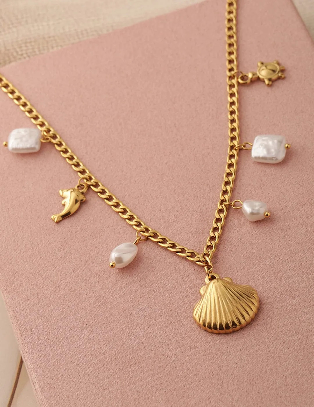 18K Gold-Plated Stainless Steel Tarnish-Free Waterproof Shell & Charm Necklace