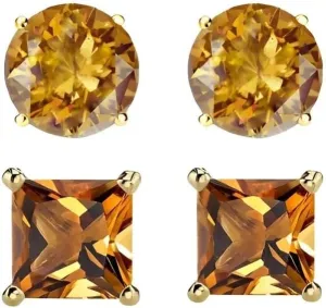 18k Yellow Gold 2 Pair Created Citrine 4mm Round & Princess Cut Stud Earrings Plated