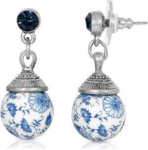 1928 Jewelry Blue Willow Round Beaded Post Drop Earring For Women, Vintage Romantic Chinese Ceramic And Porcelain Love Story Inspired Design, Made In USA