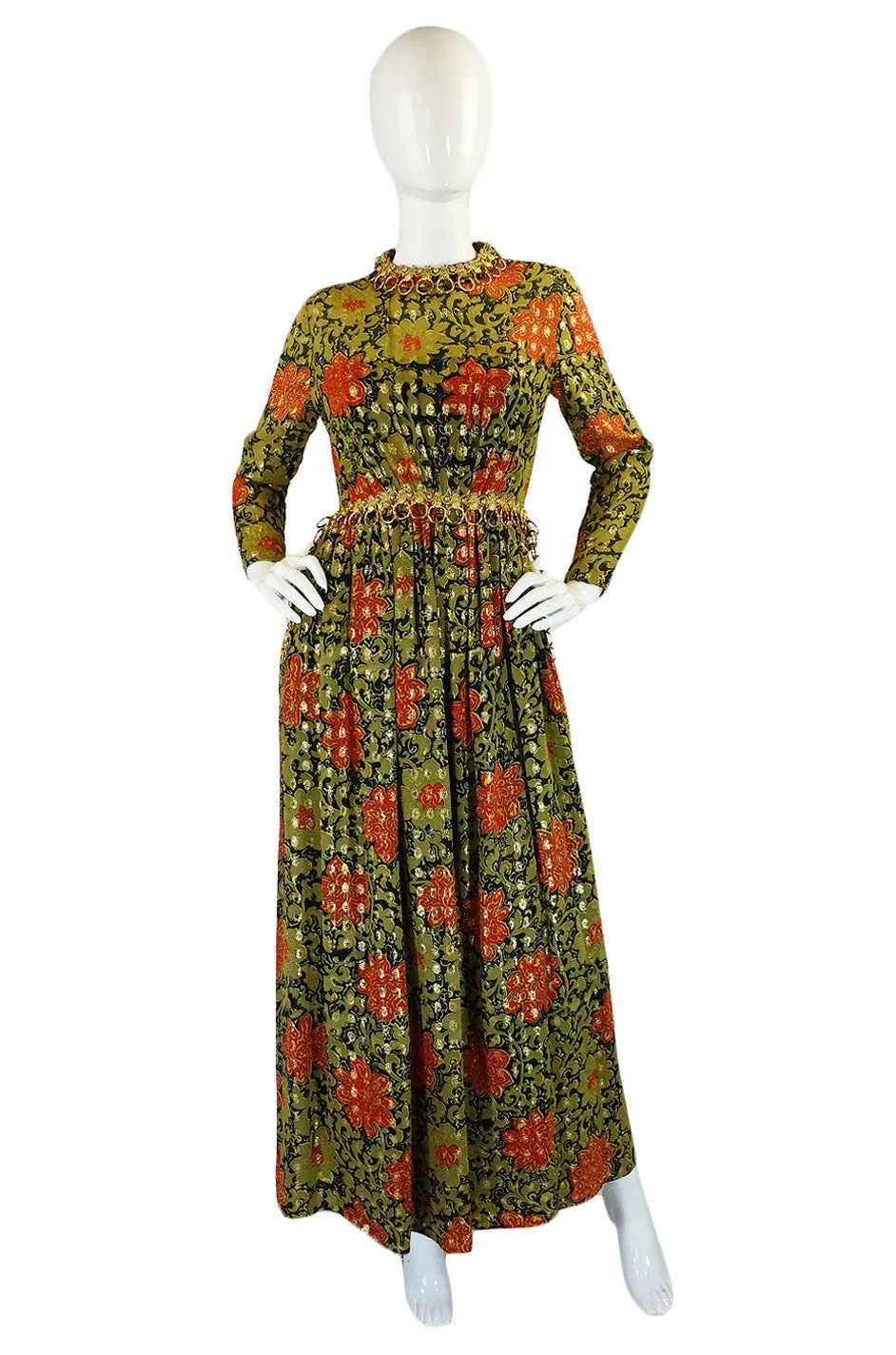 1970s Metal Ring Metallic Silk Maxi Dress
