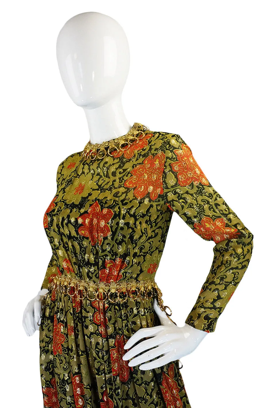1970s Metal Ring Metallic Silk Maxi Dress
