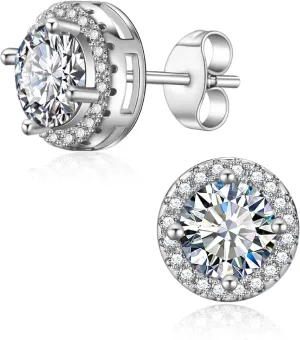 1ct/2ct Women Moissanite Stud Earrings for Men Halo Earrings White Gold-Plated 925 Sterling Silver Post D Color Round Lab Created Diamond Earring