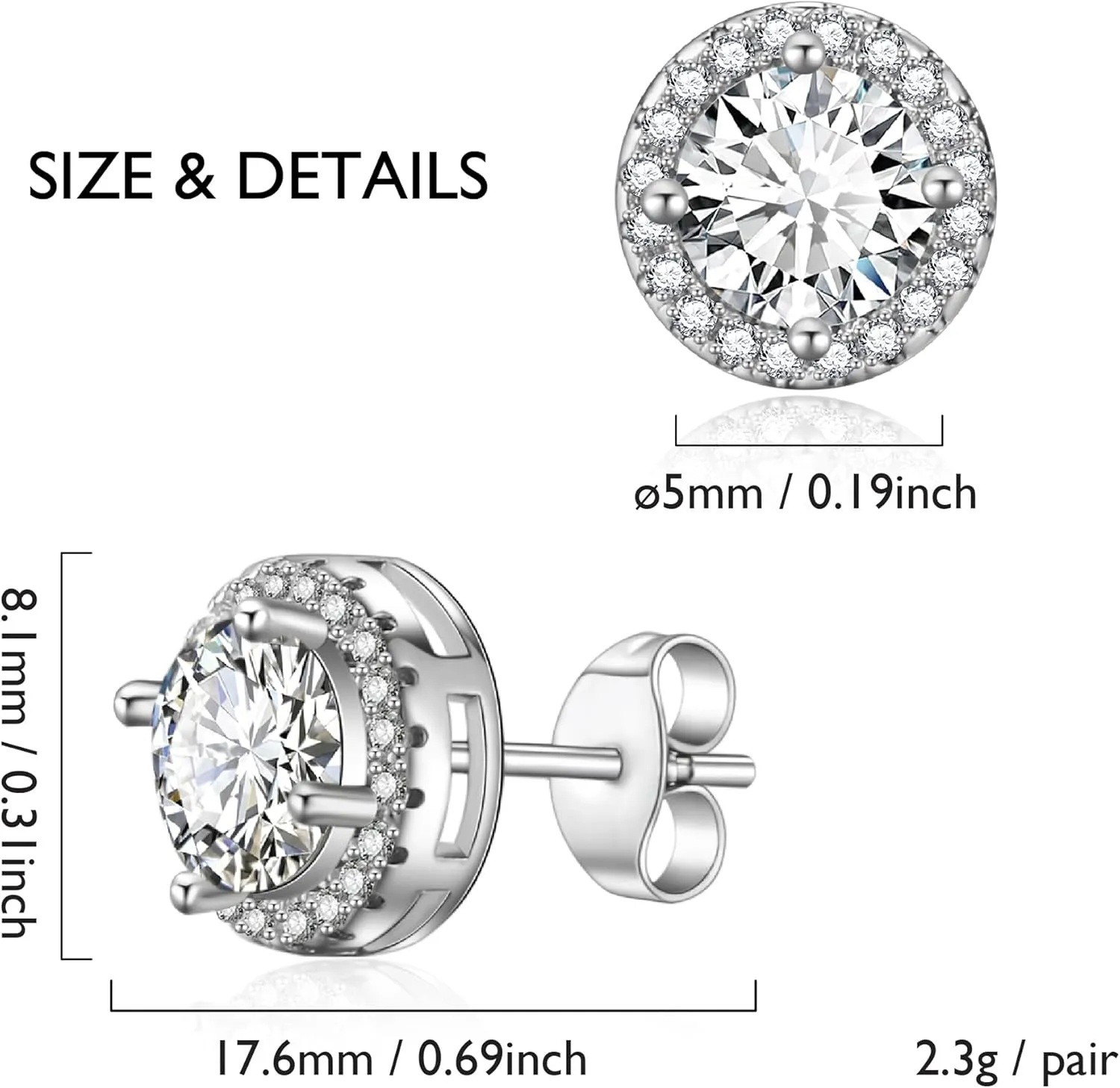 1ct/2ct Women Moissanite Stud Earrings for Men Halo Earrings White Gold-Plated 925 Sterling Silver Post D Color Round Lab Created Diamond Earring