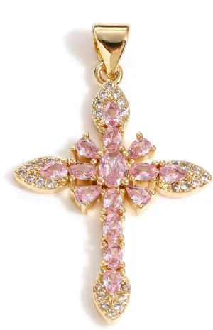 1pc Gold Plated Copper Religious Cross Pendant with Pink & Clear Cubic Zirconia, Unisex Statement Jewelry, 36x21mm - Pink
