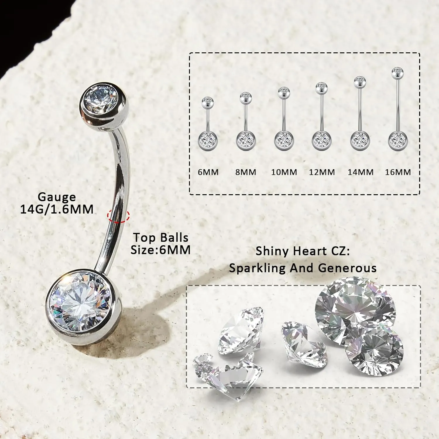 1PC/2PC/3PC G23 Titanium Belly Button Rings 14G 1.6MM Round Cubic Zirconia Belly Rings 6 Sizes of Length to Choose Navel Barbell Belly Piercing Jewelry for Women Men