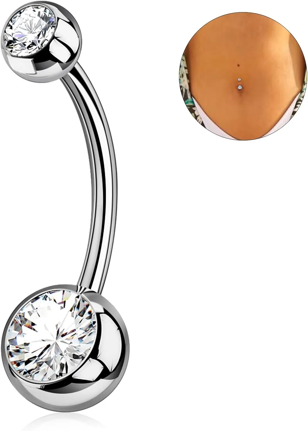 1PC/2PC/3PC G23 Titanium Belly Button Rings 14G 1.6MM Round Cubic Zirconia Belly Rings 6 Sizes of Length to Choose Navel Barbell Belly Piercing Jewelry for Women Men