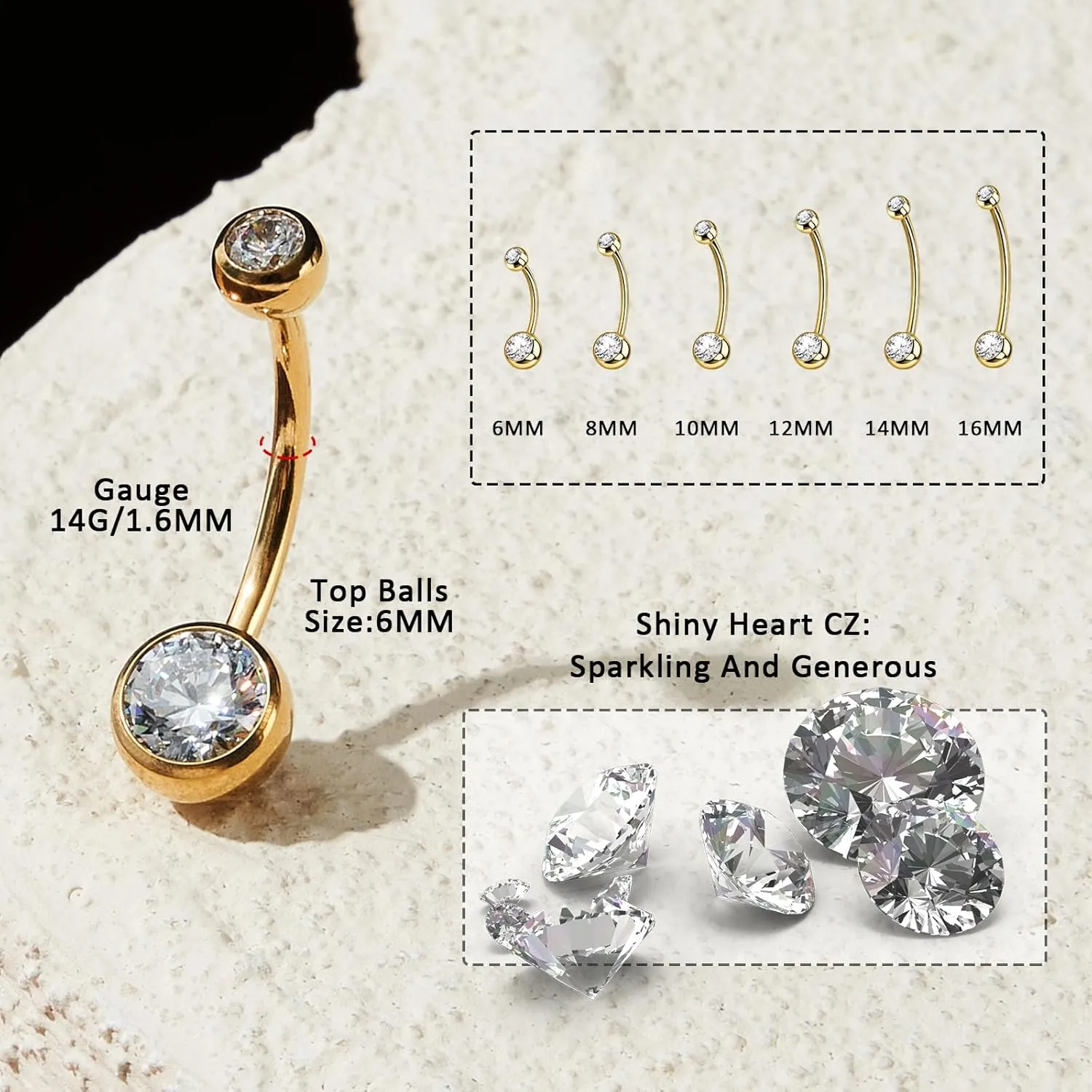 1PC/2PC/3PC G23 Titanium Belly Button Rings 14G 1.6MM Round Cubic Zirconia Belly Rings 6 Sizes of Length to Choose Navel Barbell Belly Piercing Jewelry for Women Men