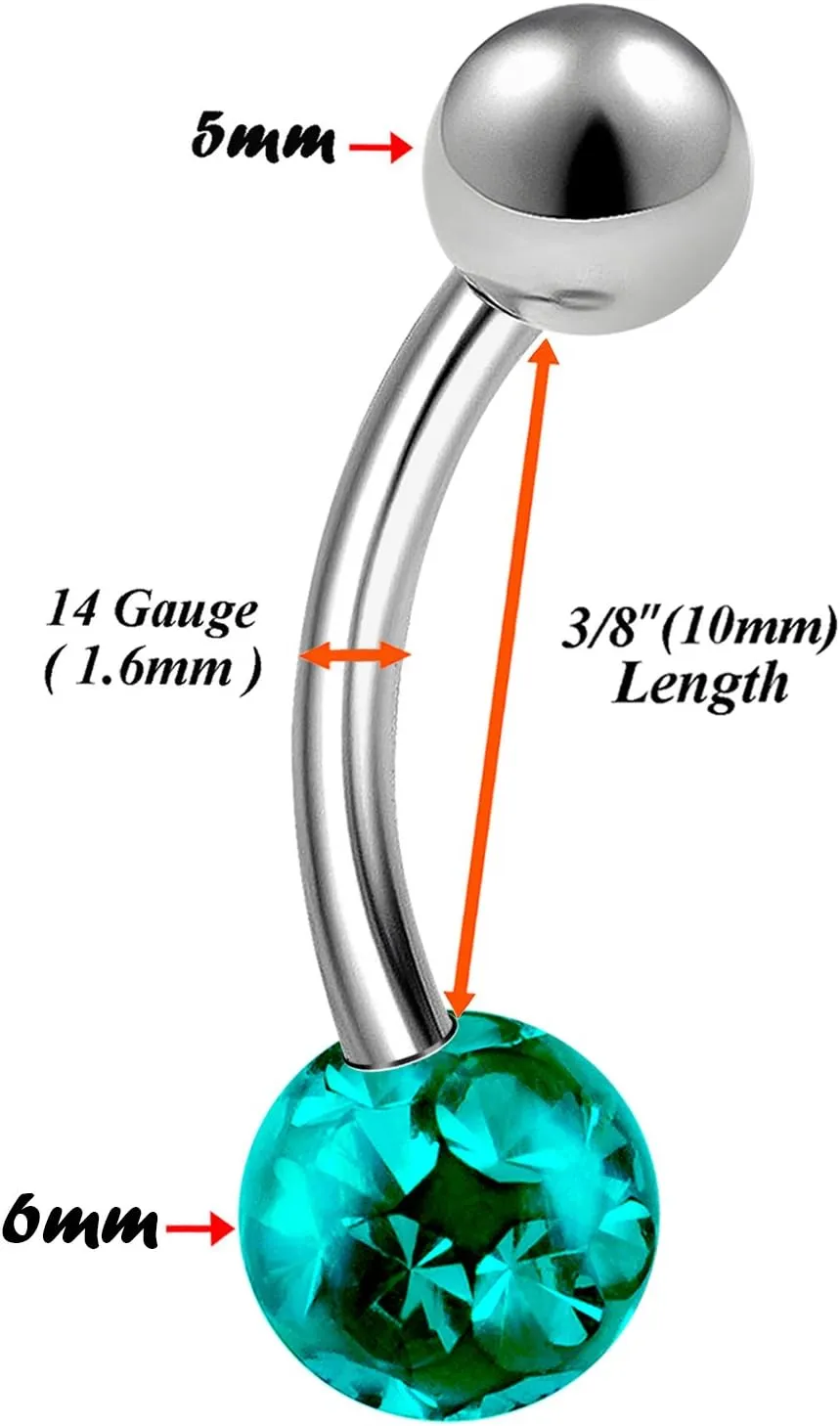 1pcs 14g 3/8 Titanium G23 Belly Button Ring Stud Bar Ferido Crystal Jewelry Navel Piercing Cubic Zirconia C3ZI - Pick Color