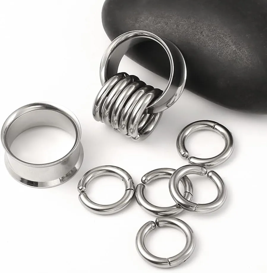 2 Pairs Plugs Tunnels with 10pcs Stacked Rings Stainless Steel Ear Gauges, Size 2g - 1 inch Hypoallergenic Surgical Steel Ear Stretcher Expander Body Jewelry