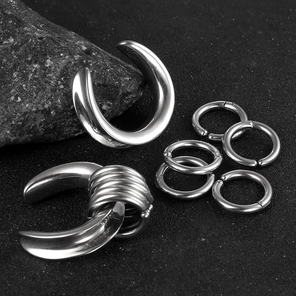 2 Pairs Plugs Tunnels with 10pcs Stacked Rings Stainless Steel Ear Gauges, Size 2g - 1 inch Hypoallergenic Surgical Steel Ear Stretcher Expander Body Jewelry