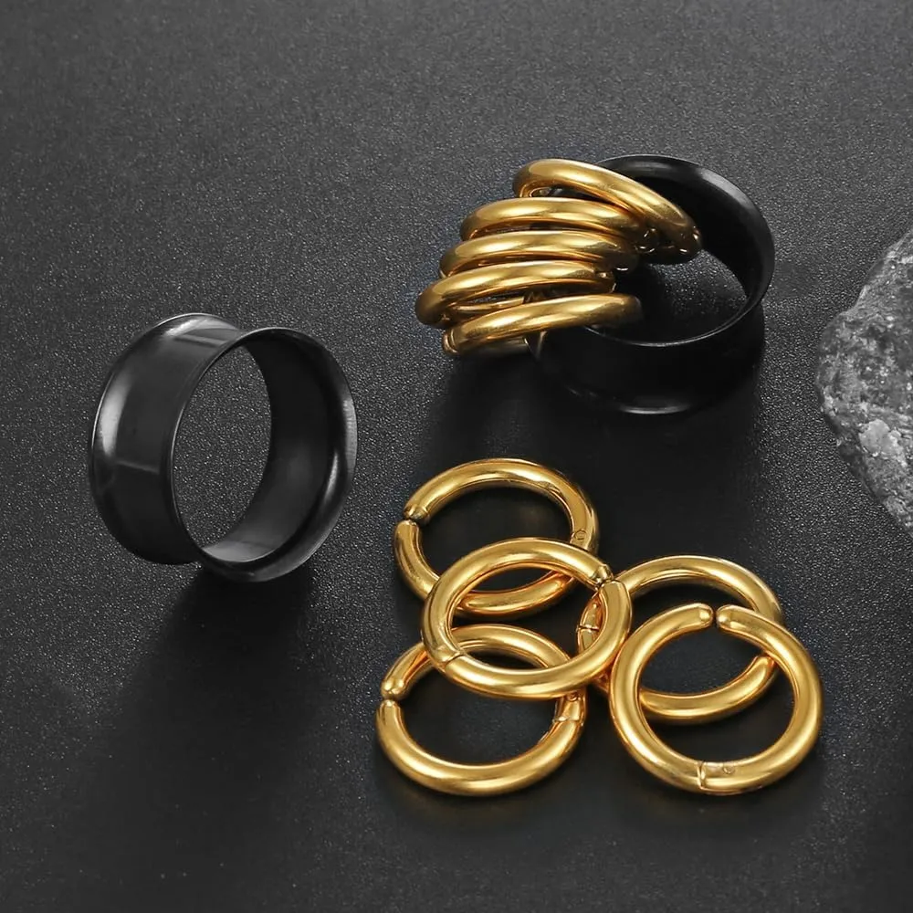 2 Pairs Plugs Tunnels with 10pcs Stacked Rings Stainless Steel Ear Gauges, Size 2g - 1 inch Hypoallergenic Surgical Steel Ear Stretcher Expander Body Jewelry