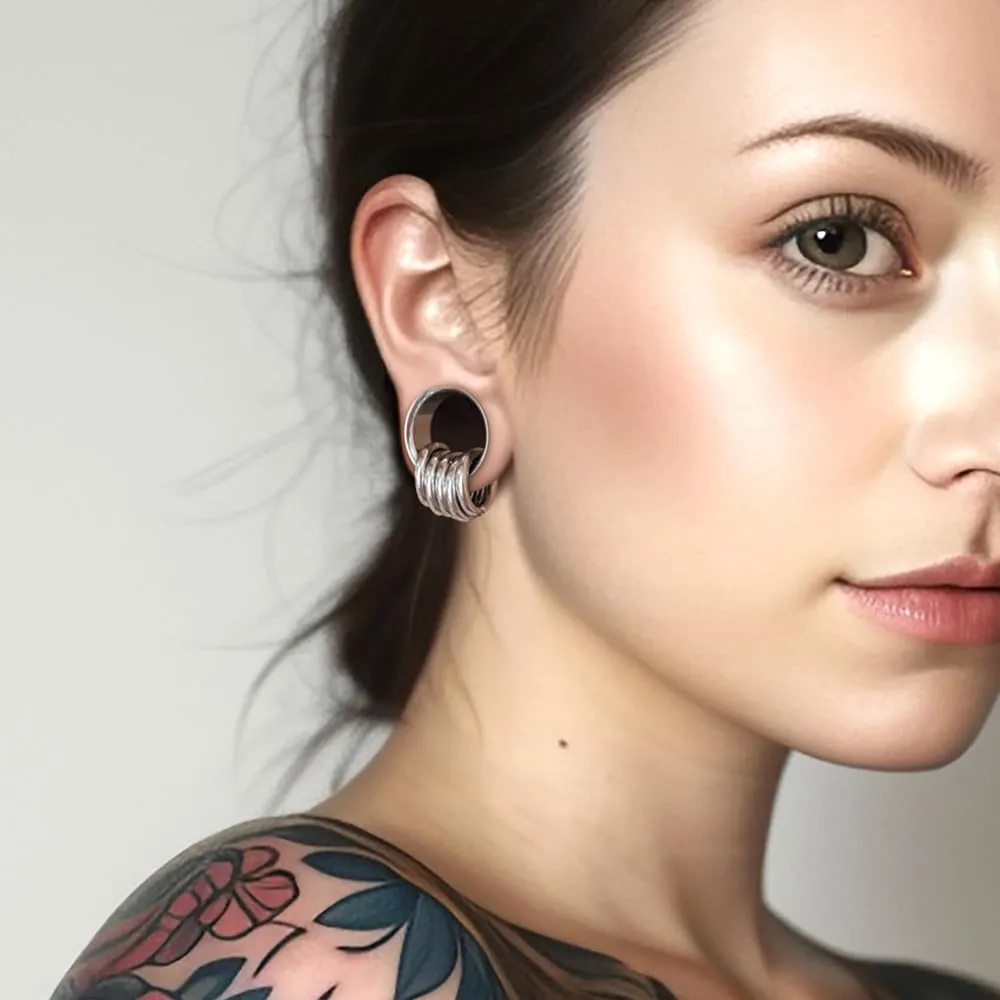 2 Pairs Plugs Tunnels with 10pcs Stacked Rings Stainless Steel Ear Gauges, Size 2g - 1 inch Hypoallergenic Surgical Steel Ear Stretcher Expander Body Jewelry