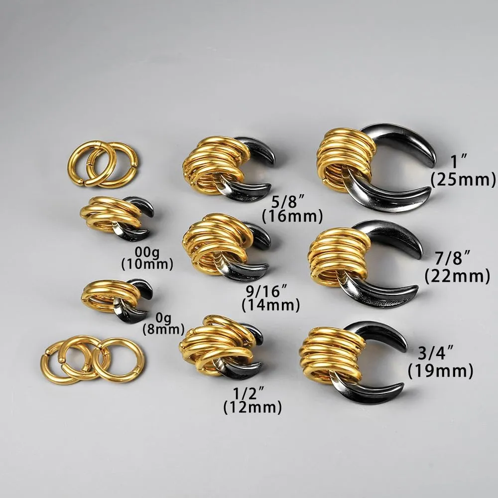 2 Pairs Plugs Tunnels with 10pcs Stacked Rings Stainless Steel Ear Gauges, Size 2g - 1 inch Hypoallergenic Surgical Steel Ear Stretcher Expander Body Jewelry