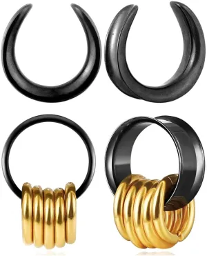 2 Pairs Plugs Tunnels with 10pcs Stacked Rings Stainless Steel Ear Gauges, Size 2g - 1 inch Hypoallergenic Surgical Steel Ear Stretcher Expander Body Jewelry