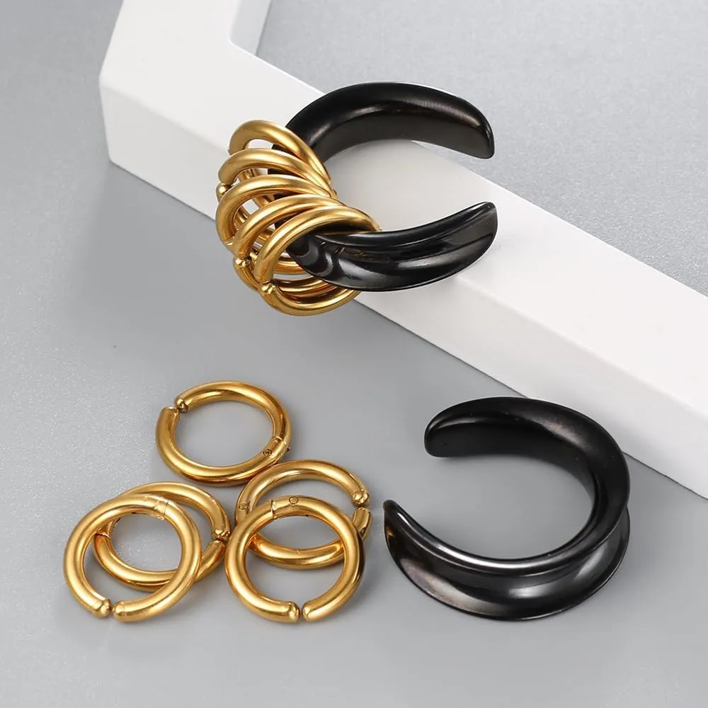 2 Pairs Plugs Tunnels with 10pcs Stacked Rings Stainless Steel Ear Gauges, Size 2g - 1 inch Hypoallergenic Surgical Steel Ear Stretcher Expander Body Jewelry