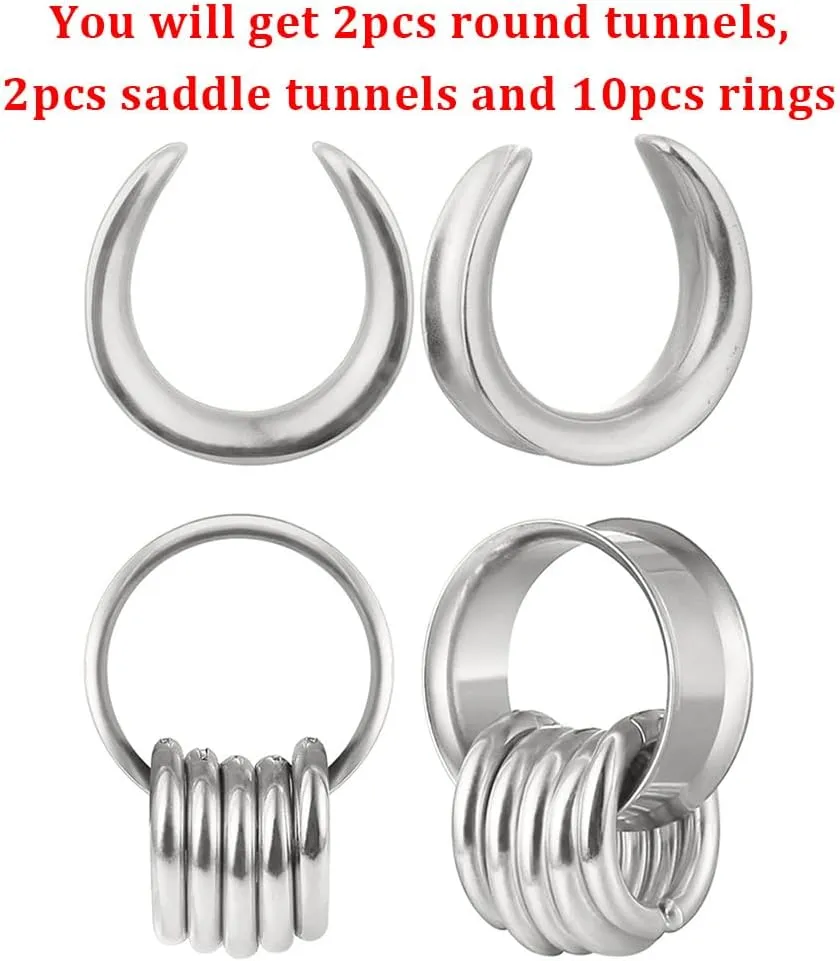 2 Pairs Plugs Tunnels with 10pcs Stacked Rings Stainless Steel Ear Gauges, Size 2g - 1 inch Hypoallergenic Surgical Steel Ear Stretcher Expander Body Jewelry