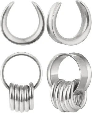 2 Pairs Plugs Tunnels with 10pcs Stacked Rings Stainless Steel Ear Gauges, Size 2g - 1 inch Hypoallergenic Surgical Steel Ear Stretcher Expander Body Jewelry