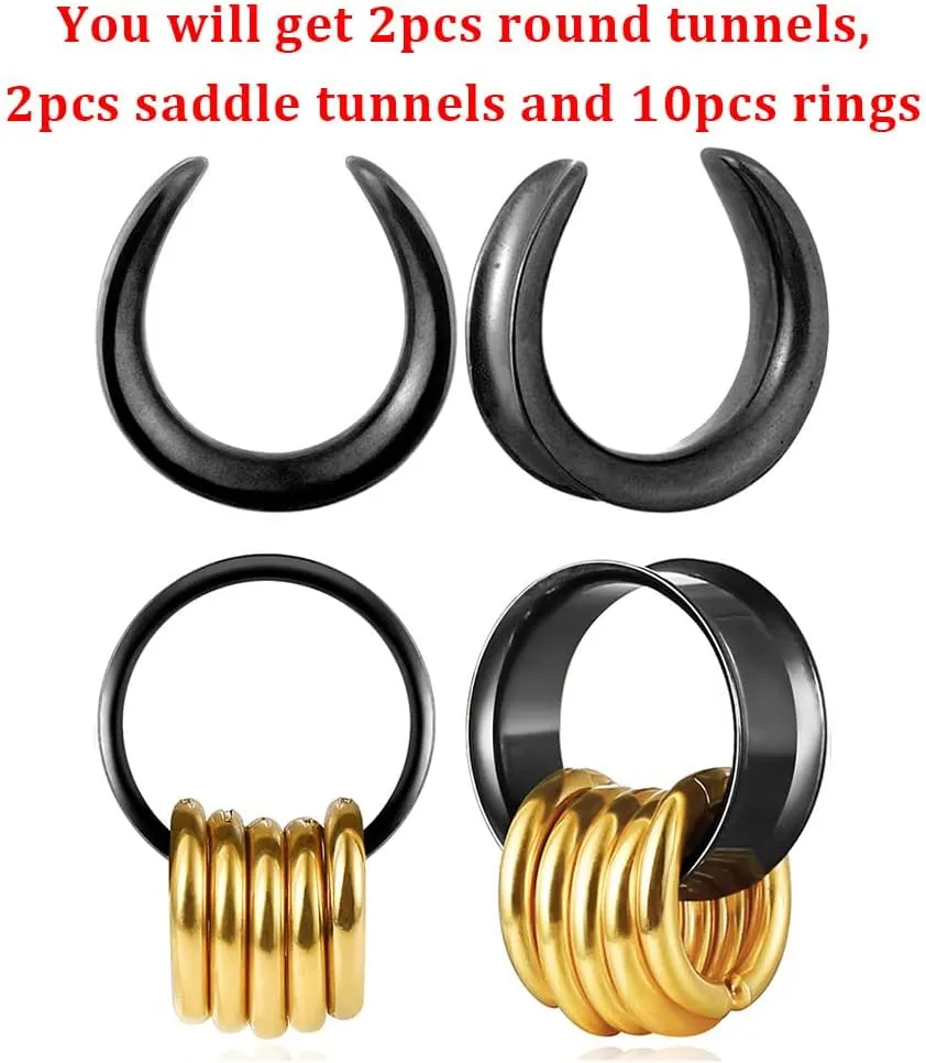 2 Pairs Plugs Tunnels with 10pcs Stacked Rings Stainless Steel Ear Gauges, Size 2g - 1 inch Hypoallergenic Surgical Steel Ear Stretcher Expander Body Jewelry