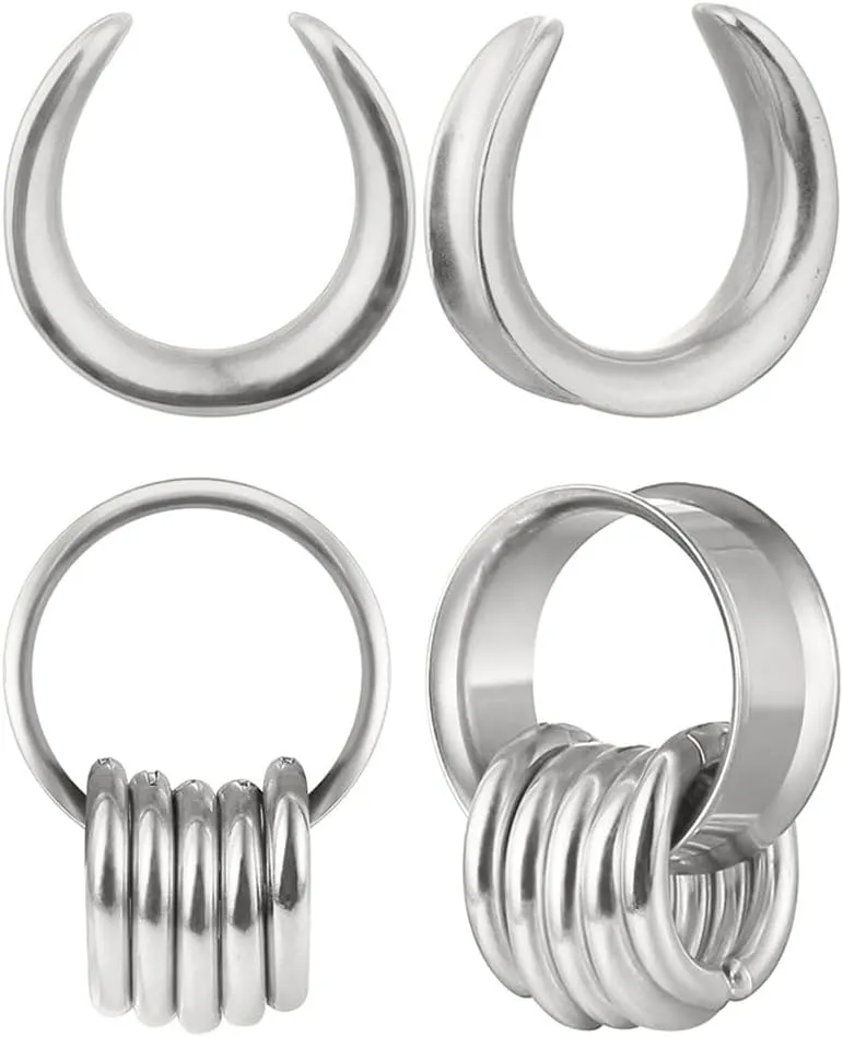 2 Pairs Plugs Tunnels with 10pcs Stacked Rings Stainless Steel Ear Gauges, Size 2g - 1 inch Hypoallergenic Surgical Steel Ear Stretcher Expander Body Jewelry