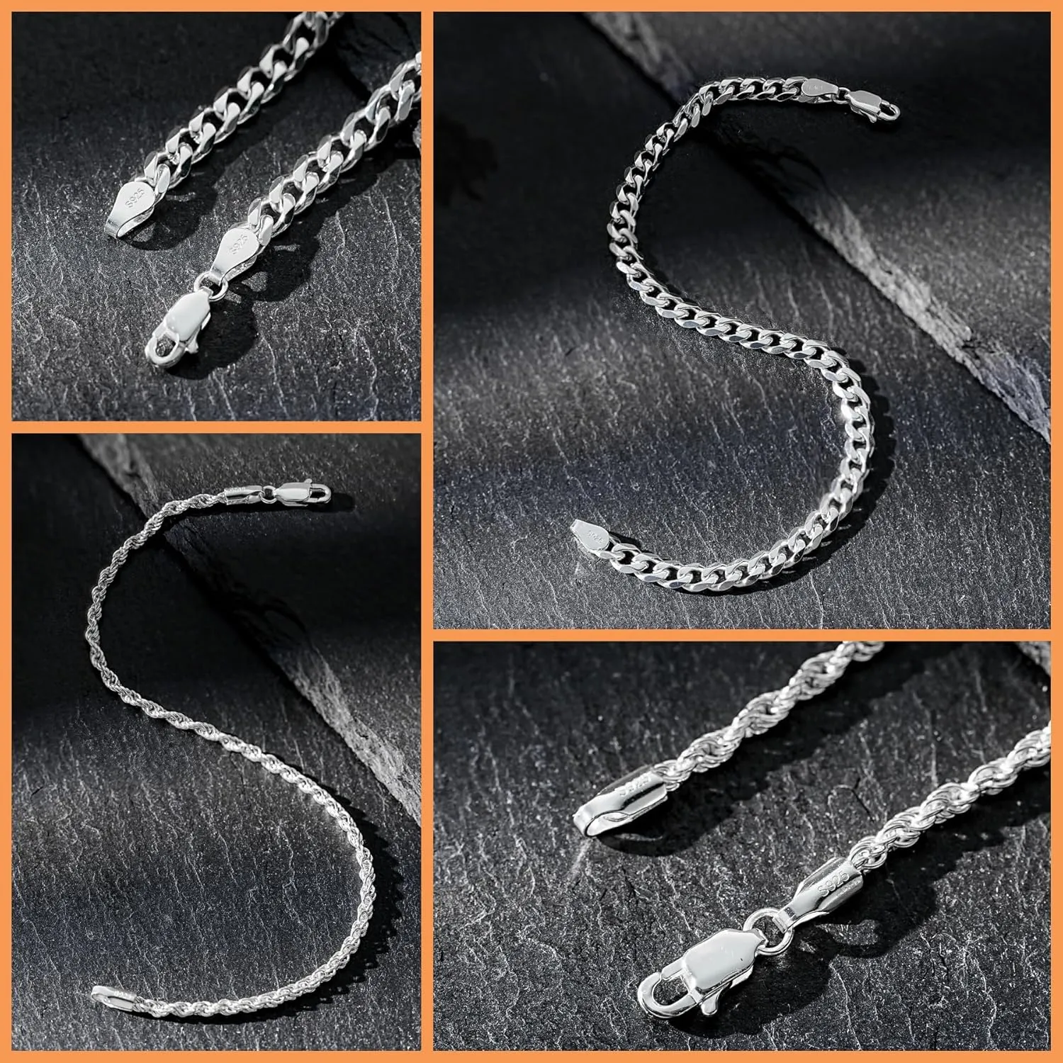 2 Pcs 925 Sterling Silver 5mm Cuban Link Chain for Men&2.5mm Rope Link Chain Bracelet Set for Men's&woman,Trendy hip-hop stacking Fashion Gift Boyfriend/Girlfriend/mother's Non Tarnish Hypoallergenic