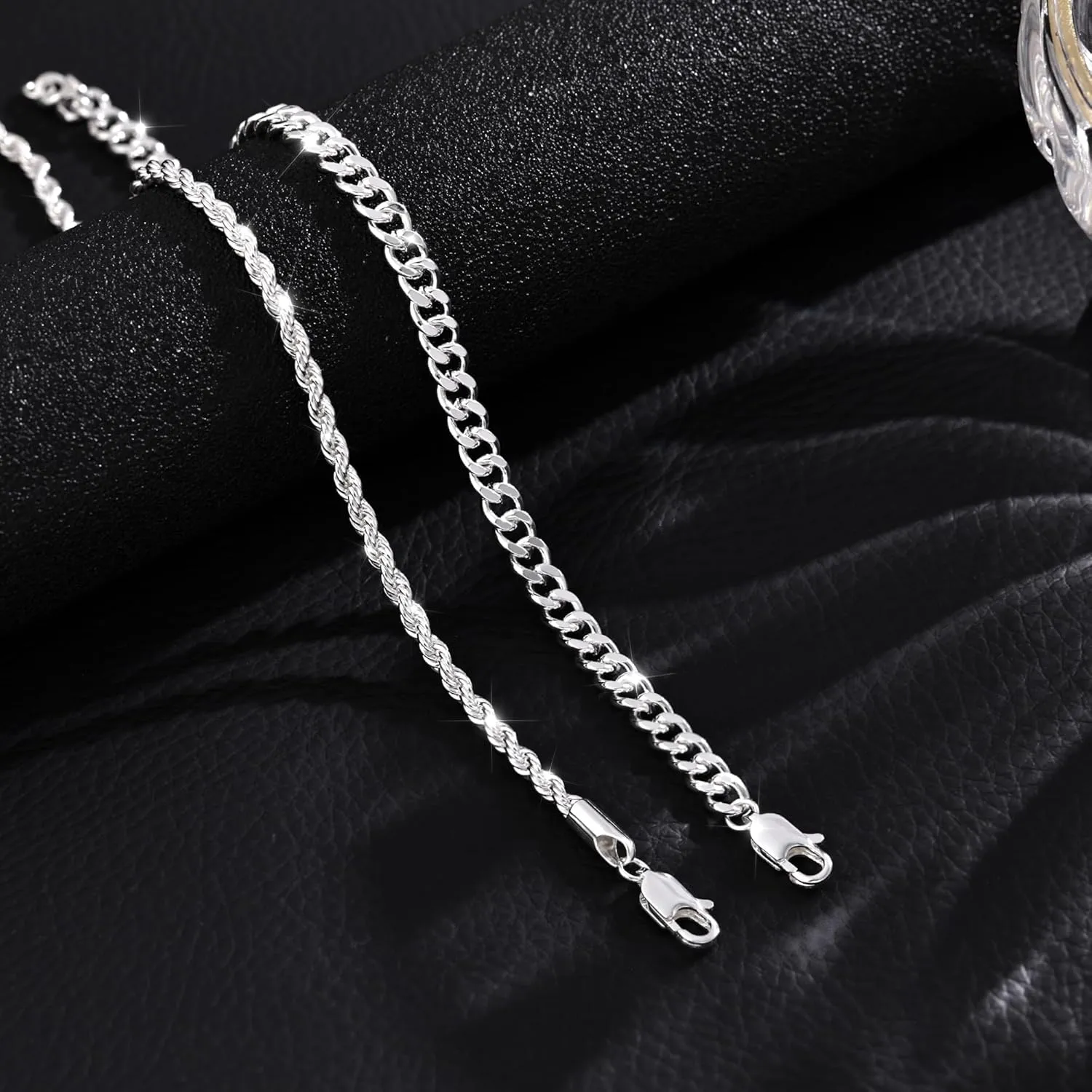 2 Pcs 925 Sterling Silver 5mm Cuban Link Chain for Men&2.5mm Rope Link Chain Bracelet Set for Men's&woman,Trendy hip-hop stacking Fashion Gift Boyfriend/Girlfriend/mother's Non Tarnish Hypoallergenic