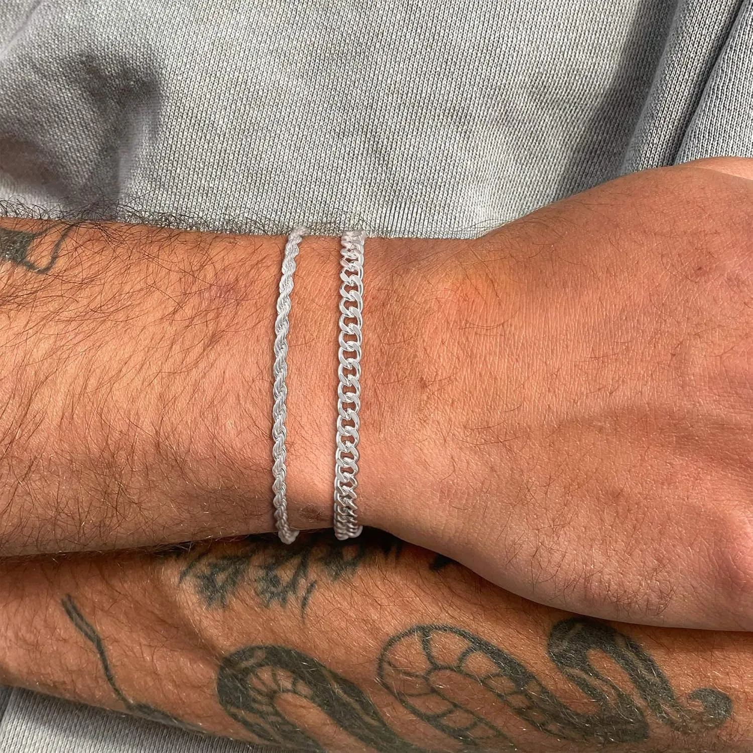 2 Pcs 925 Sterling Silver 5mm Cuban Link Chain for Men&2.5mm Rope Link Chain Bracelet Set for Men's&woman,Trendy hip-hop stacking Fashion Gift Boyfriend/Girlfriend/mother's Non Tarnish Hypoallergenic