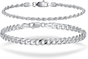 2 Pcs 925 Sterling Silver 5mm Cuban Link Chain for Men&2.5mm Rope Link Chain Bracelet Set for Men's&woman,Trendy hip-hop stacking Fashion Gift Boyfriend/Girlfriend/mother's Non Tarnish Hypoallergenic