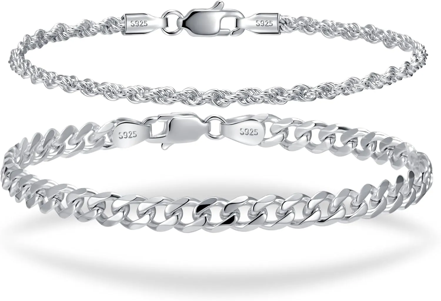 2 Pcs 925 Sterling Silver 5mm Cuban Link Chain for Men&2.5mm Rope Link Chain Bracelet Set for Men's&woman,Trendy hip-hop stacking Fashion Gift Boyfriend/Girlfriend/mother's Non Tarnish Hypoallergenic