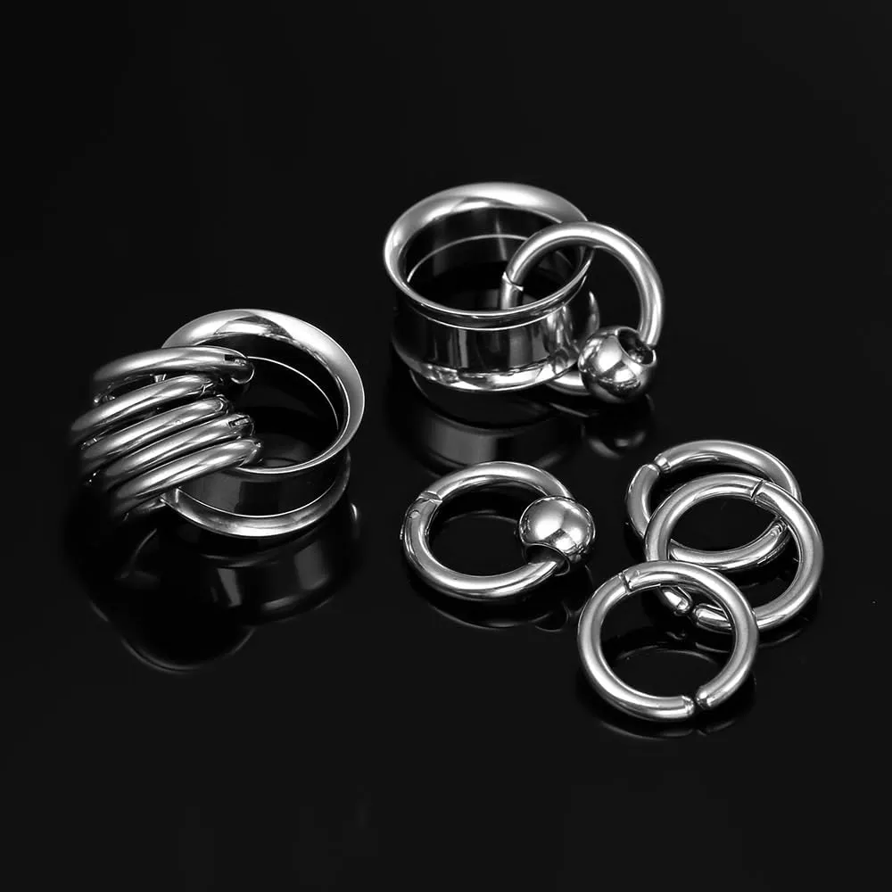2 Pcs Ear Plugs Tunnels with 10 Pcs Stacked Rings and 2 Pcs Beads Stainless Steel Ear Gauges, Size 2g - 1 inch Surgical Steel Ear Stretcher Expander Body Jewelry