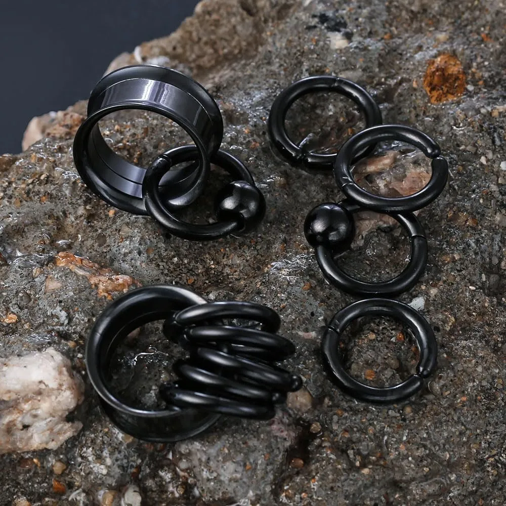2 Pcs Ear Plugs Tunnels with 10 Pcs Stacked Rings and 2 Pcs Beads Stainless Steel Ear Gauges, Size 2g - 1 inch Surgical Steel Ear Stretcher Expander Body Jewelry