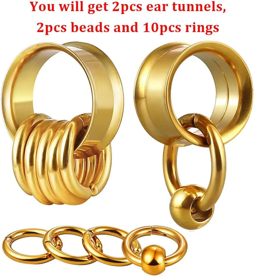 2 Pcs Ear Plugs Tunnels with 10 Pcs Stacked Rings and 2 Pcs Beads Stainless Steel Ear Gauges, Size 2g - 1 inch Surgical Steel Ear Stretcher Expander Body Jewelry