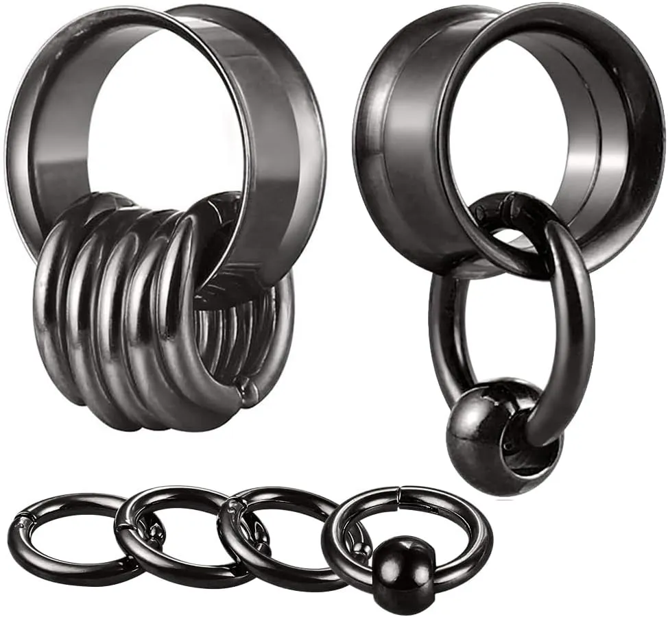 2 Pcs Ear Plugs Tunnels with 10 Pcs Stacked Rings and 2 Pcs Beads Stainless Steel Ear Gauges, Size 2g - 1 inch Surgical Steel Ear Stretcher Expander Body Jewelry