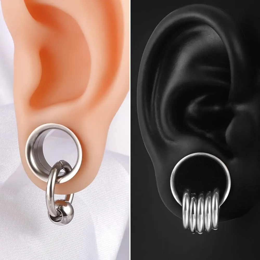 2 Pcs Ear Plugs Tunnels with 10 Pcs Stacked Rings and 2 Pcs Beads Stainless Steel Ear Gauges, Size 2g - 1 inch Surgical Steel Ear Stretcher Expander Body Jewelry
