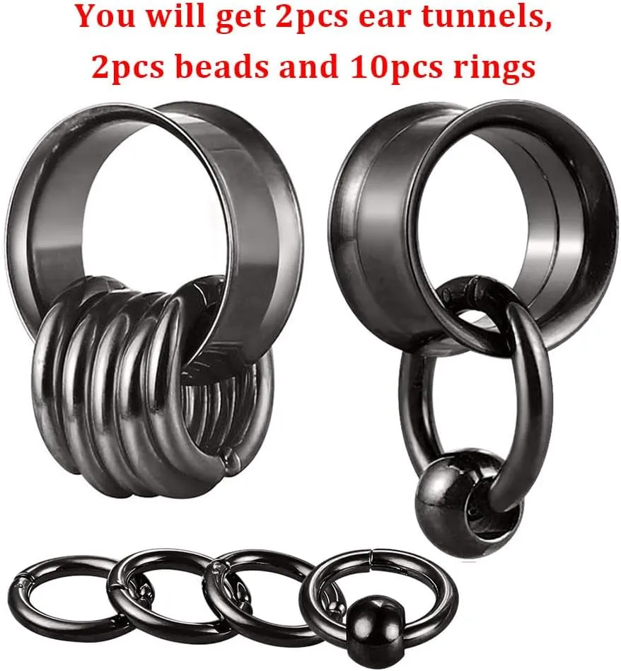 2 Pcs Ear Plugs Tunnels with 10 Pcs Stacked Rings and 2 Pcs Beads Stainless Steel Ear Gauges, Size 2g - 1 inch Surgical Steel Ear Stretcher Expander Body Jewelry