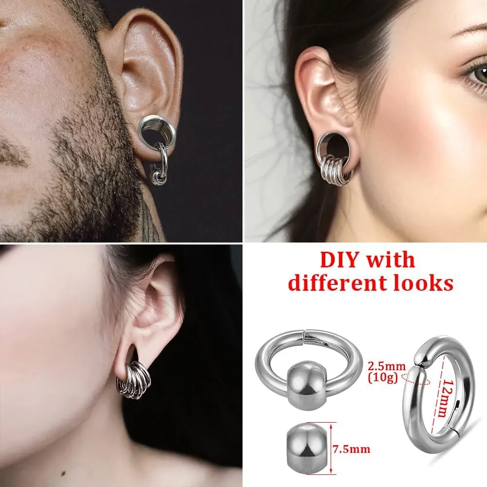 2 Pcs Ear Plugs Tunnels with 10 Pcs Stacked Rings and 2 Pcs Beads Stainless Steel Ear Gauges, Size 2g - 1 inch Surgical Steel Ear Stretcher Expander Body Jewelry