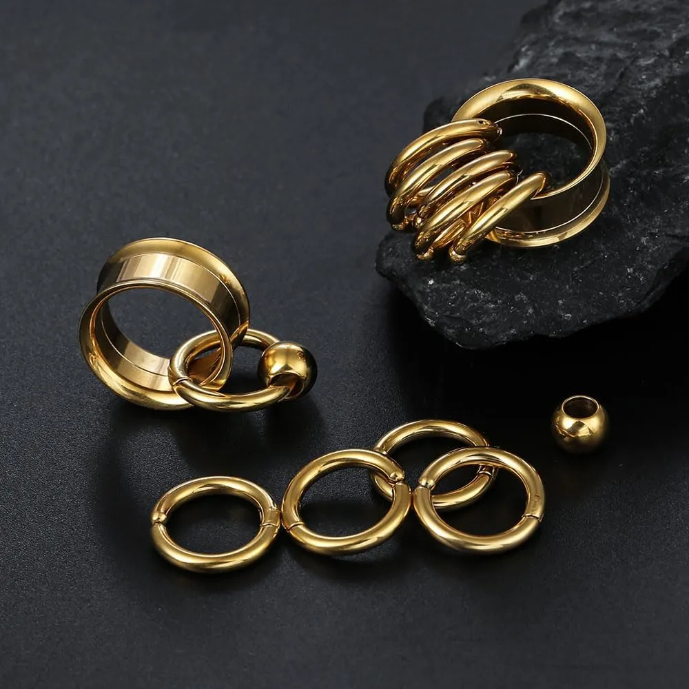 2 Pcs Ear Plugs Tunnels with 10 Pcs Stacked Rings and 2 Pcs Beads Stainless Steel Ear Gauges, Size 2g - 1 inch Surgical Steel Ear Stretcher Expander Body Jewelry