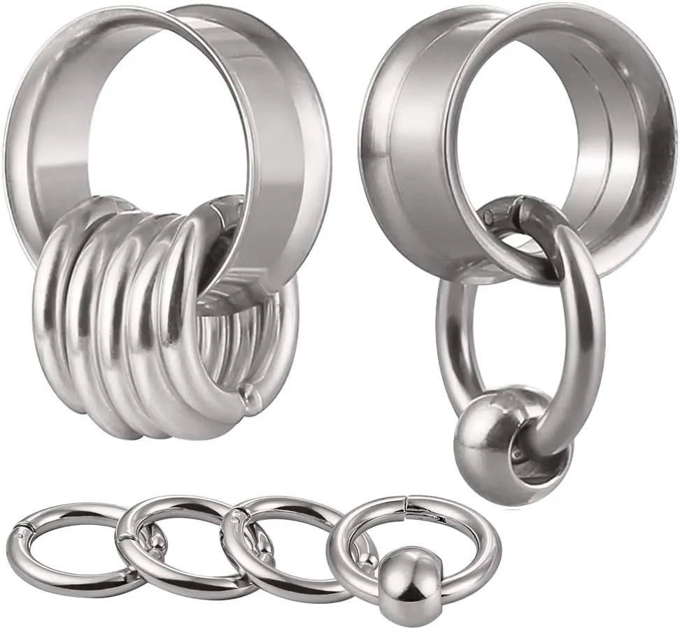 2 Pcs Ear Plugs Tunnels with 10 Pcs Stacked Rings and 2 Pcs Beads Stainless Steel Ear Gauges, Size 2g - 1 inch Surgical Steel Ear Stretcher Expander Body Jewelry