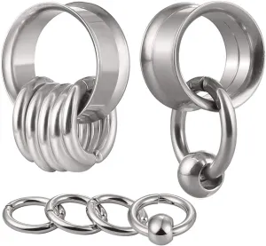 2 Pcs Ear Plugs Tunnels with 10 Pcs Stacked Rings and 2 Pcs Beads Stainless Steel Ear Gauges, Size 2g - 1 inch Surgical Steel Ear Stretcher Expander Body Jewelry