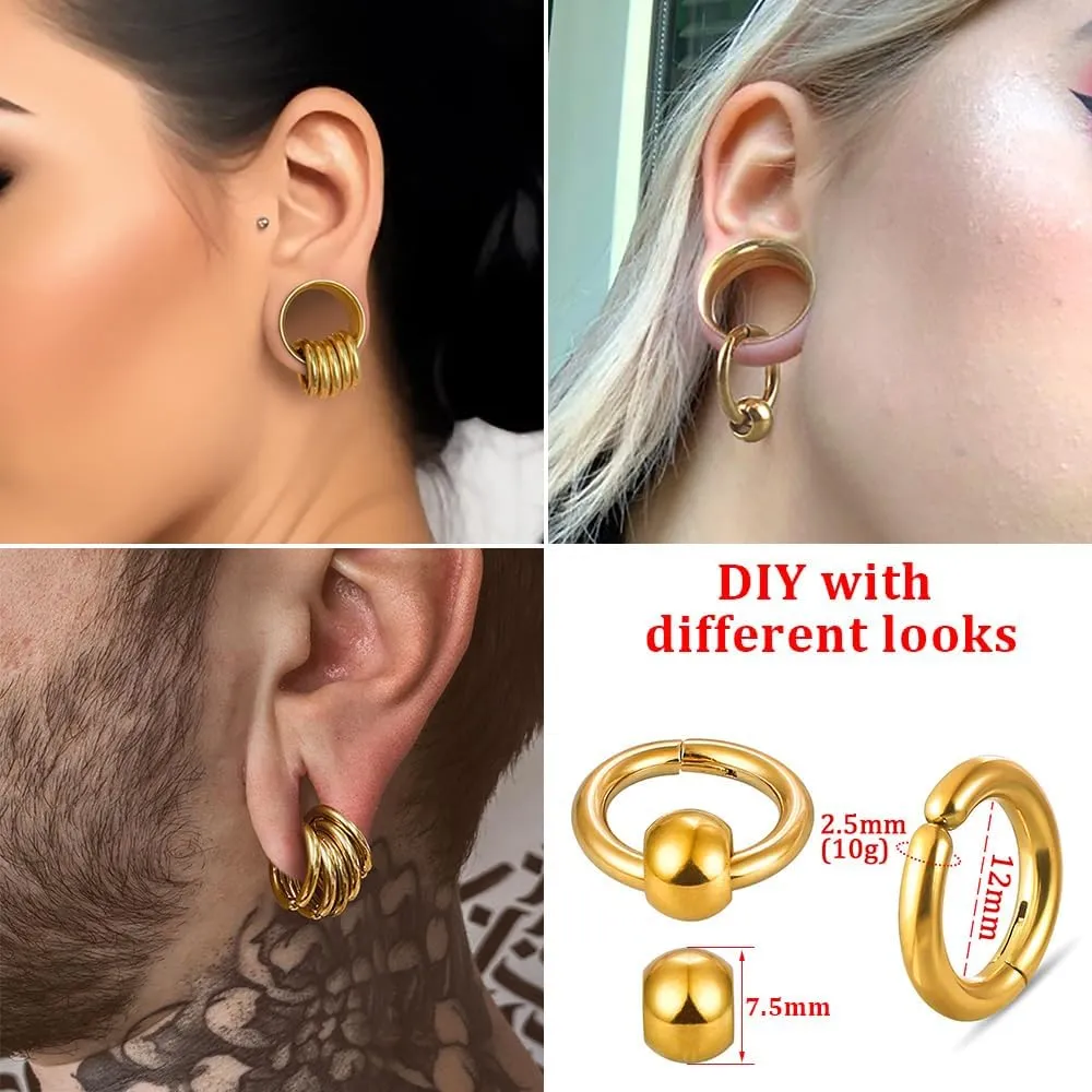 2 Pcs Ear Plugs Tunnels with 10 Pcs Stacked Rings and 2 Pcs Beads Stainless Steel Ear Gauges, Size 2g - 1 inch Surgical Steel Ear Stretcher Expander Body Jewelry