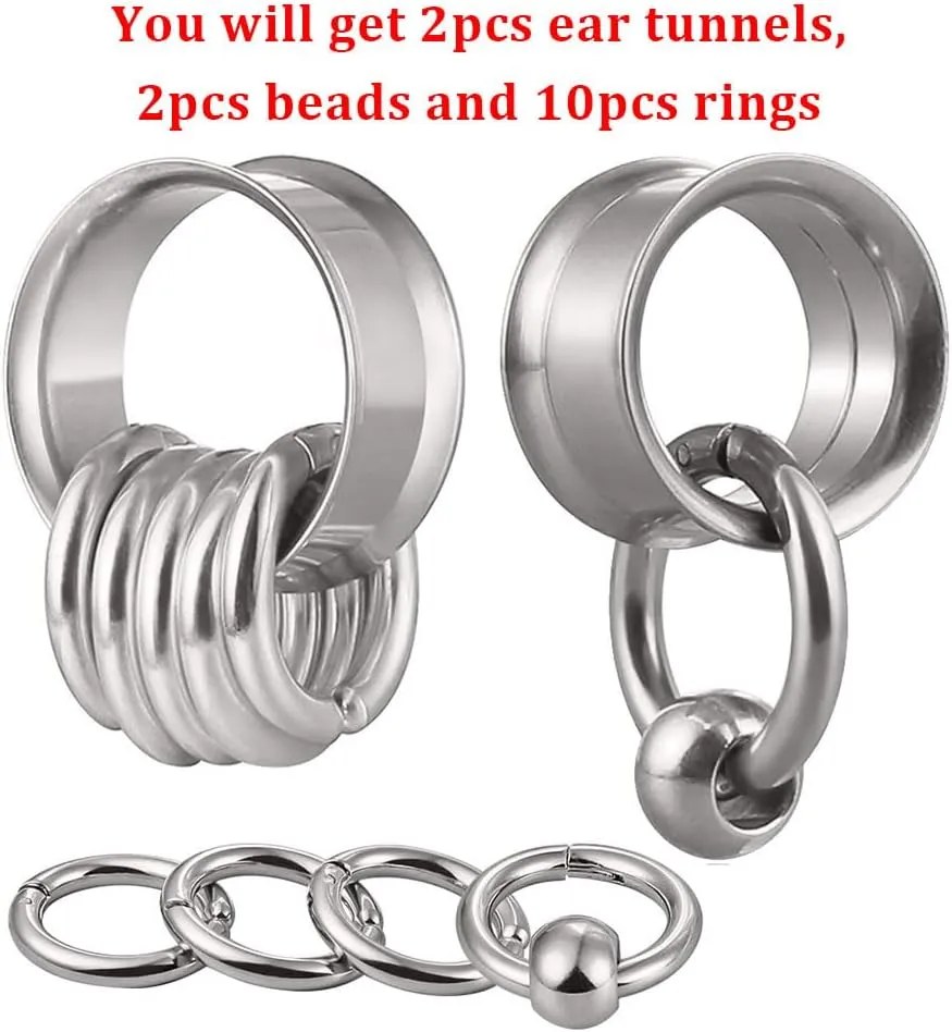 2 Pcs Ear Plugs Tunnels with 10 Pcs Stacked Rings and 2 Pcs Beads Stainless Steel Ear Gauges, Size 2g - 1 inch Surgical Steel Ear Stretcher Expander Body Jewelry