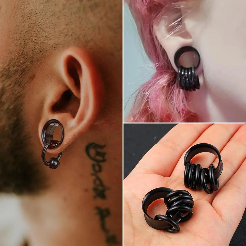2 Pcs Ear Plugs Tunnels with 10 Pcs Stacked Rings and 2 Pcs Beads Stainless Steel Ear Gauges, Size 2g - 1 inch Surgical Steel Ear Stretcher Expander Body Jewelry